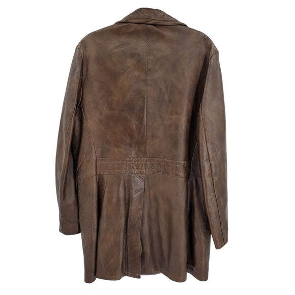 70s Leather Jacket Mottled Crackle Brown Duster Blazer Button Hippy Streetwear L - Picture 10 of 14